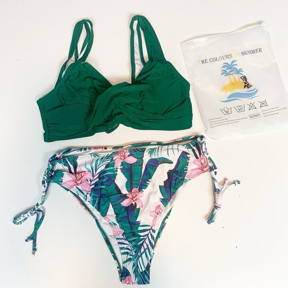 Womens Bikini Size Large Tropical Floral White Green‎ Black High Rise Tie Sides